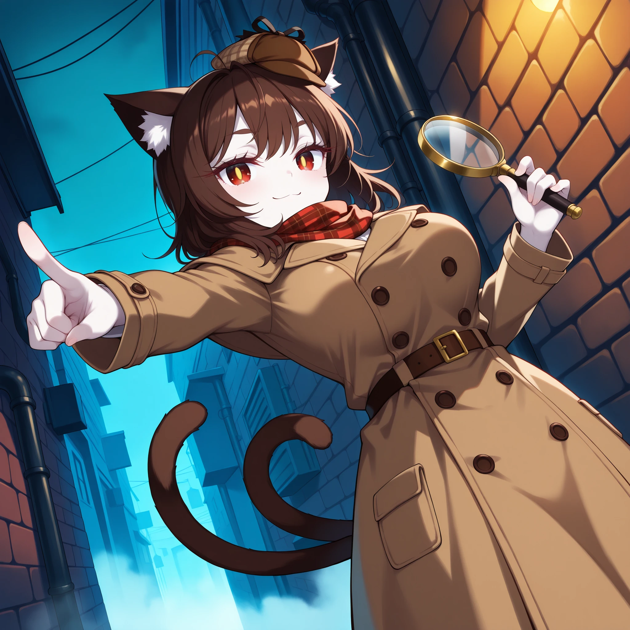 (urban background, brick wall, fog, alley), pale skin, dutch angle, from below, (solo, 1girl, nekomata, red eyes, dark brown hair, medium hair, cat ears, white fur inside cat ears), large breast, (detective coat, plaid scarf, trench coat, long coat, detective mini hat), vintage style, holding magnifying glass, pointing finger, looking at clue, standing, ((two cat tails)), smug expression, smug smile, big eyes, cat eyes, eyelashes, lower eyelashes, (((gold pupils))), blash