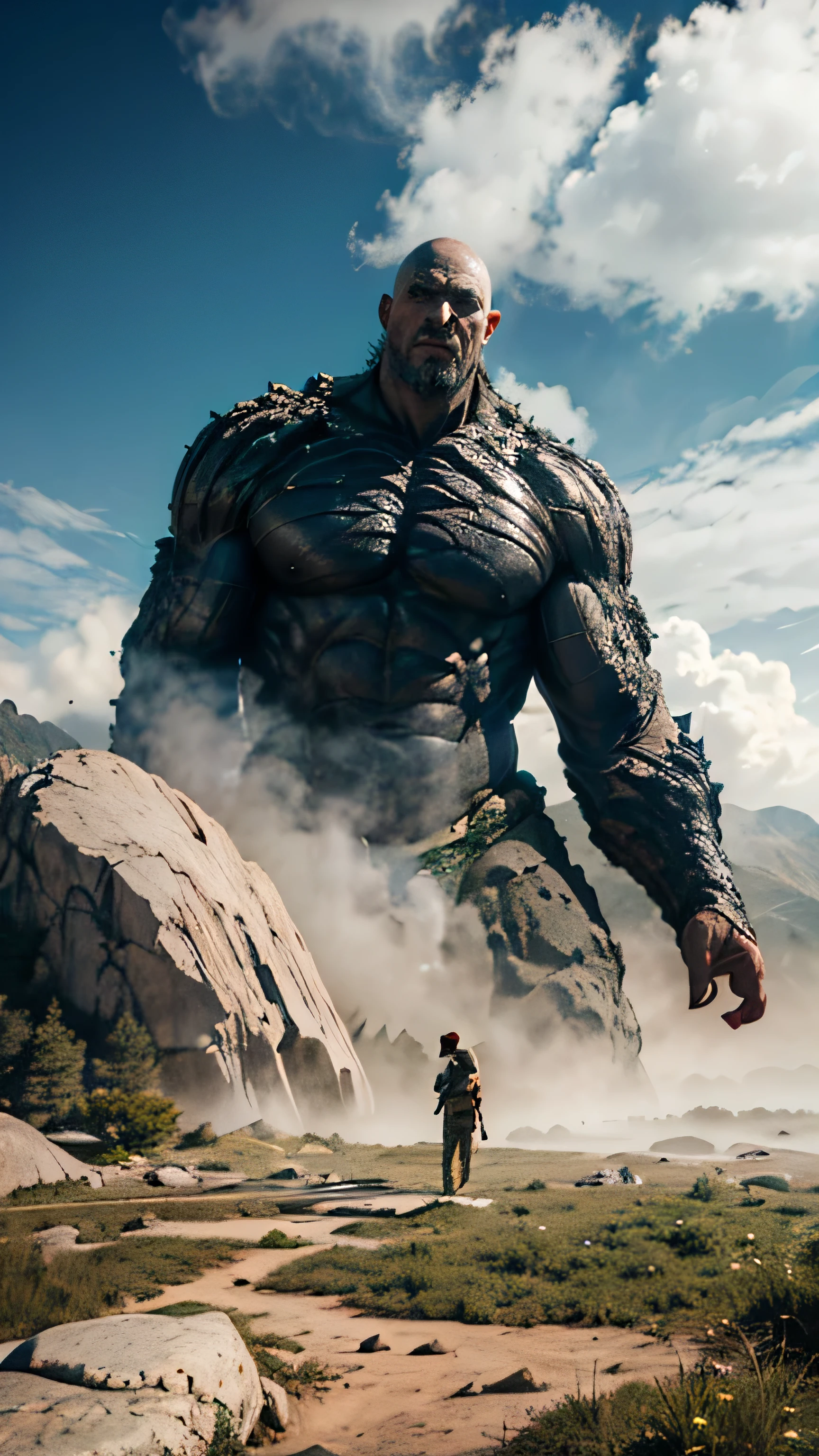 (good structure),high dynamic range,ultra high definition,8k,Rock Giants,Giant Clan, cliff, cloud, cloudy sky, day, giant, landscape,Upper body exposed to the ground,Body covered by mountains,smoke, male focus, mountain, mountainous horizon, muscular, outdoors, rock, scenery, sky, solo,A body composed of rocks,Incomplete body