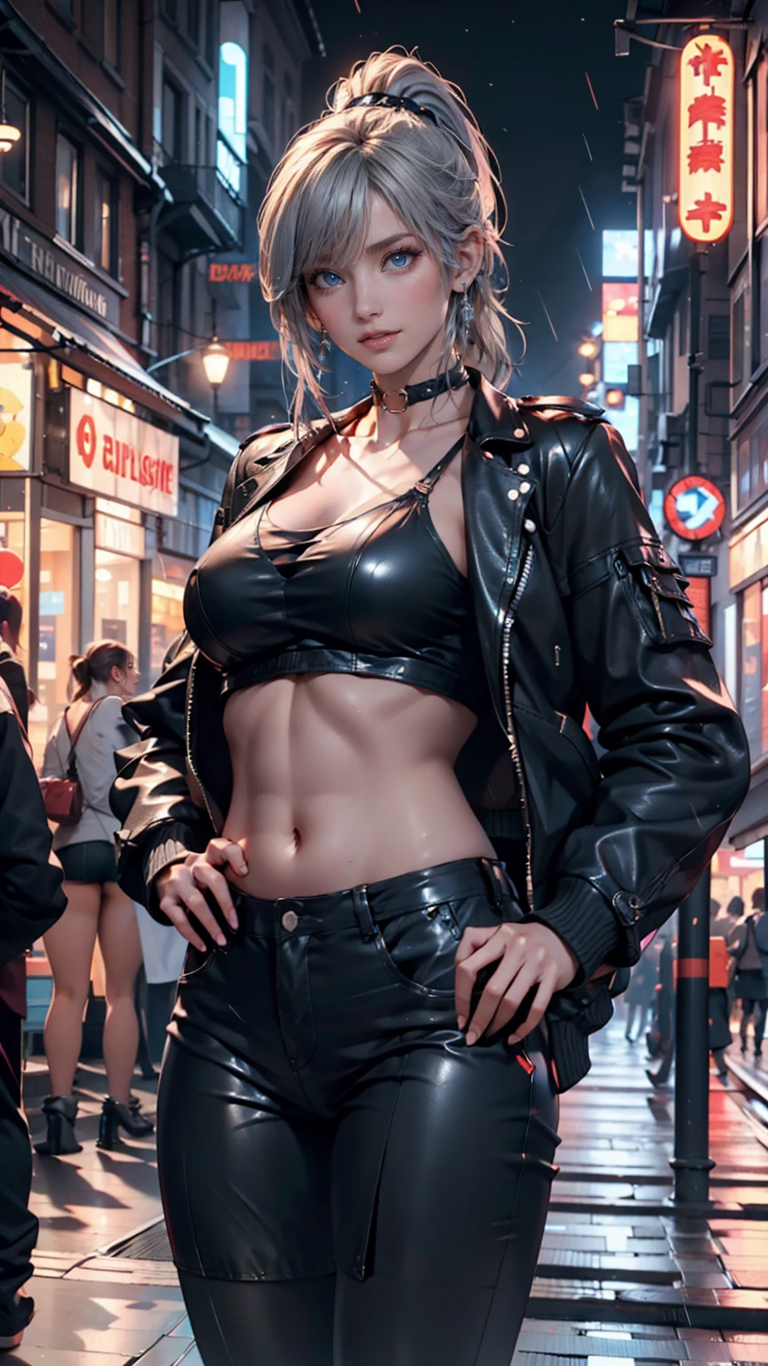 ((Best quality)), ((masterpiece)), (highly detailed:1.3), 3D, beautiful (cyberpunk:1.3), stylish woman looking at camera black leather clothes