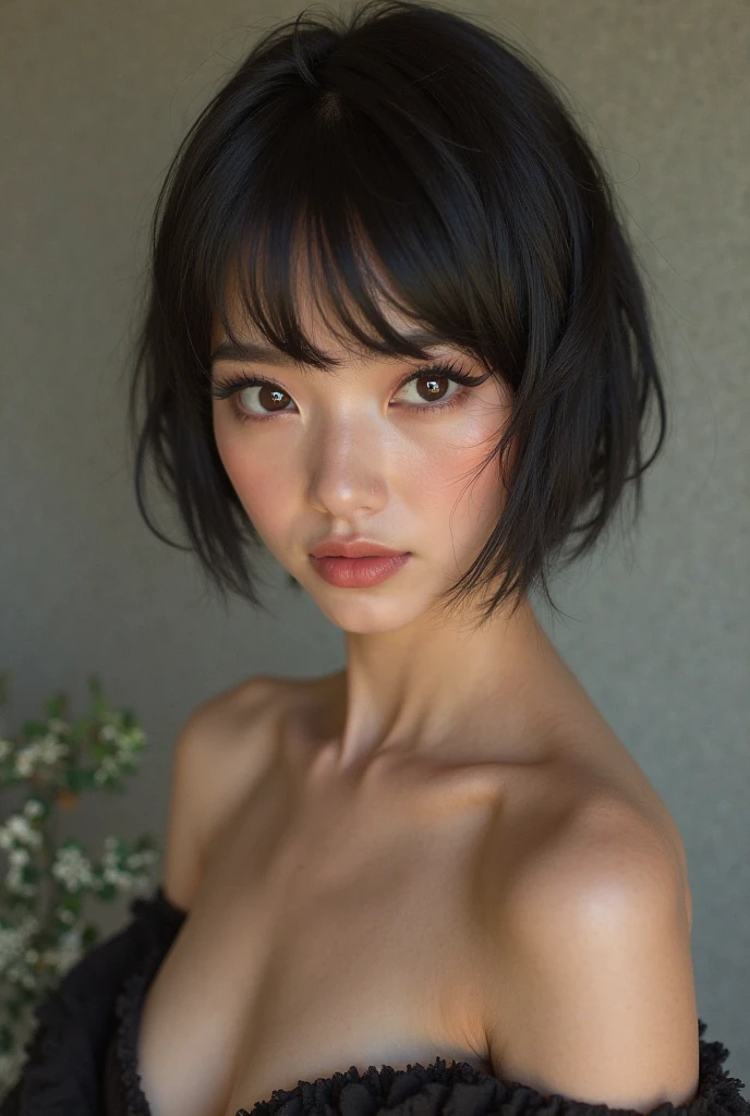 (masterpiece:1.3), (8k, photorealistic, RAW photo, best quality: 1.4), japanese, (1girl), beautiful face, (realistic face), (black hair, short hair:1.3), beautiful hairstyle, realistic eyes, beautiful detailed eyes, (realistic skin), beautiful skin, attractive, ultra high res, ultra realistic, highly detailed, full body, nude portrait