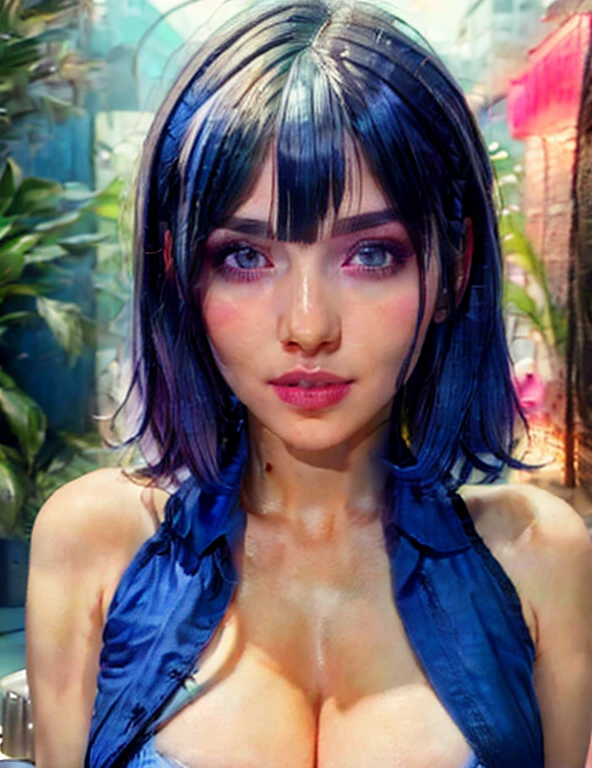 1girl, solo, school, masterpiece, professional artwork, famous artwork, perfect face,(glowing eyes:1), beautiful face, Riko, , serafuku, blue eyes, headband, blue hair, smileys, front view, full body,nipples,nude