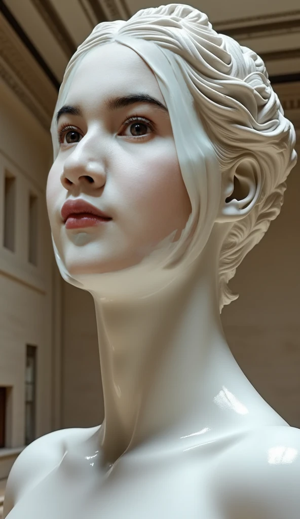 Arte, A beautiful porcelain statue in the garden, nua, asymmetrical face, feita por um escultor, seios gigantes, quadris largos, bunda gigante, olhos fechados, 4K, corpo GG, sexy