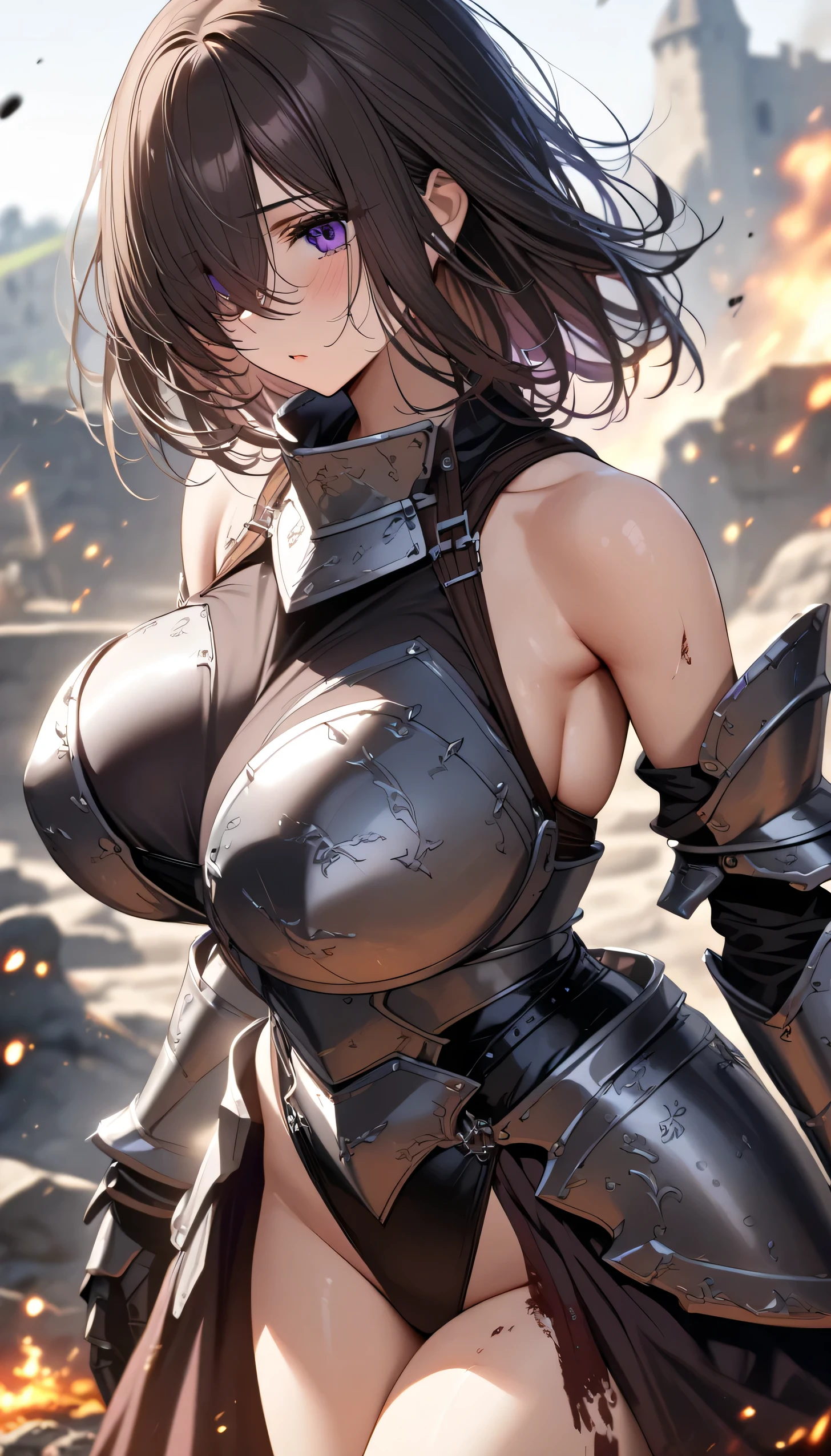 female knight　Golden Armor　silver sword　Black Hair　Beautiful breasts　Shortcuts　Torn white miniskirt　Torn white tights　battlefield　snow　Rin々A funny expression