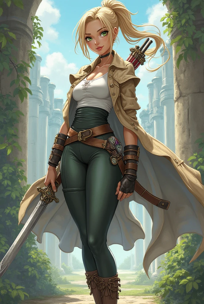 mulher loira de shorts curto, roupa verde e branca, cabelo loiro, cabelo dourado, cabelo longo, botas brancas, castlevania