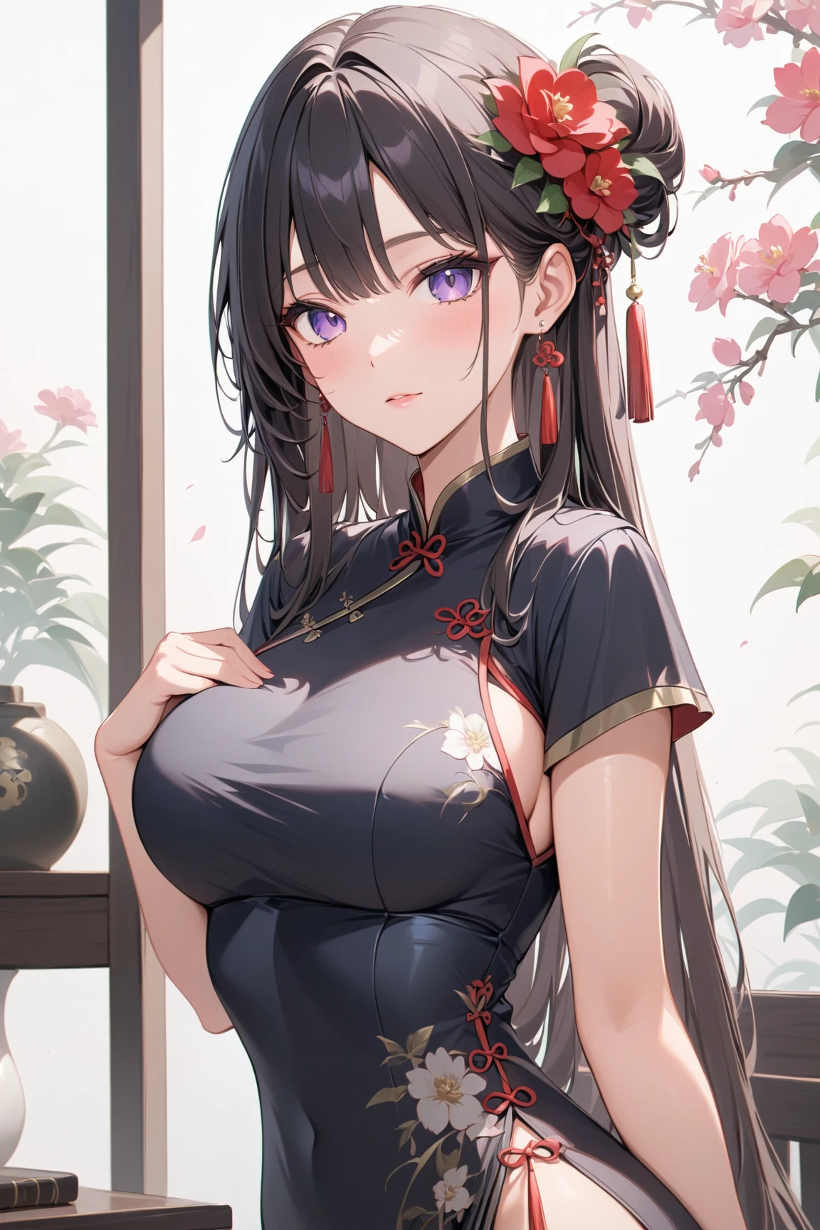 1girl in,Upper body,fashi-girl,qipao dress,chinese clothes,Hair Flower,(masutepiece:1.4),(Best Quality:1.4),(Shiny skin),Red lips,Looking at Viewer,Large breasts,Parted lips