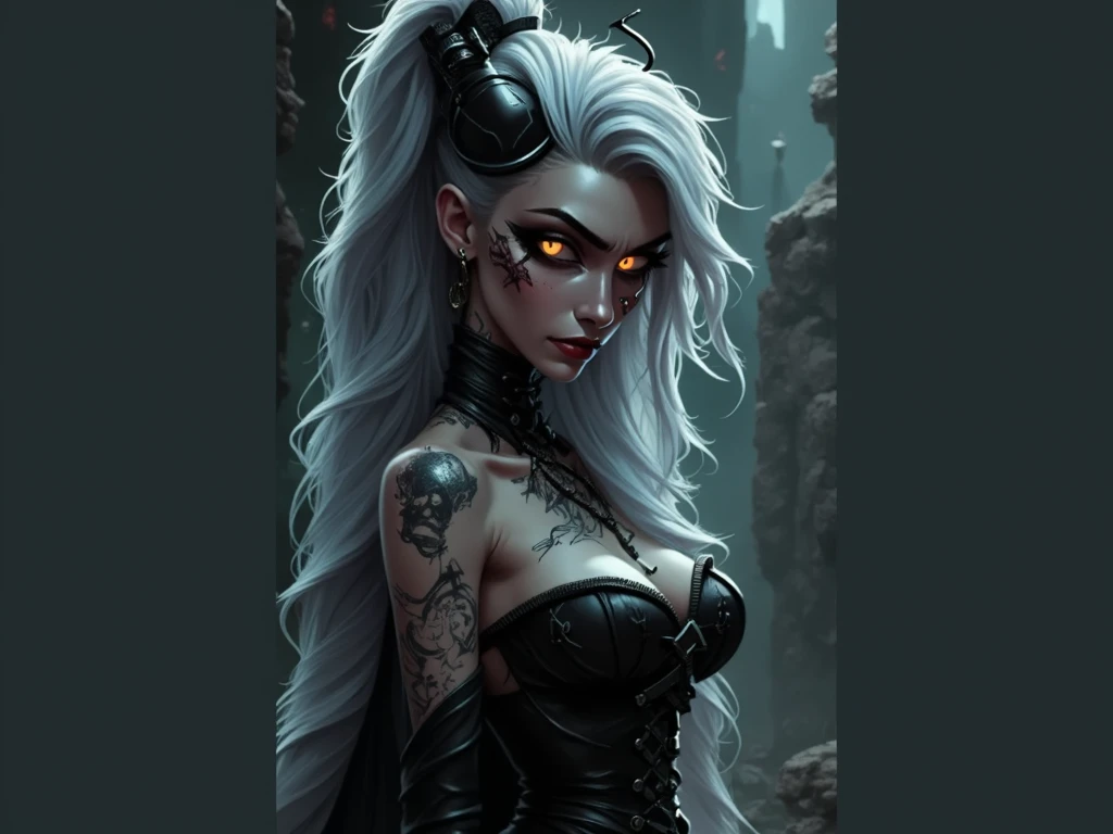 Necromancer. feminine. skull on the belt. Fantasy short White Hair