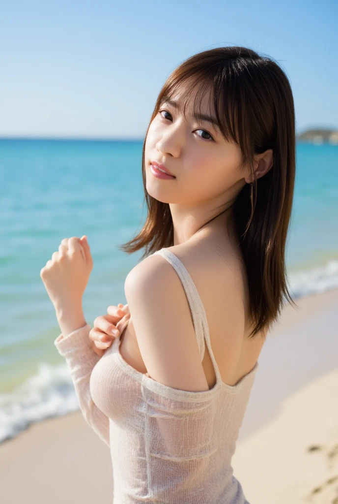 ((highest quality、8K resolution、master masterpiece、portrait:1.3)), Photoreal, 35mm film, 1 Japanese female,Beautiful woman, On the street in the daytime, wrinkles around the eyes, plump body,bangs、boyish_short hair,((topless:1.3)) , (on the beach: 1.3), jumbled background,look at the audience