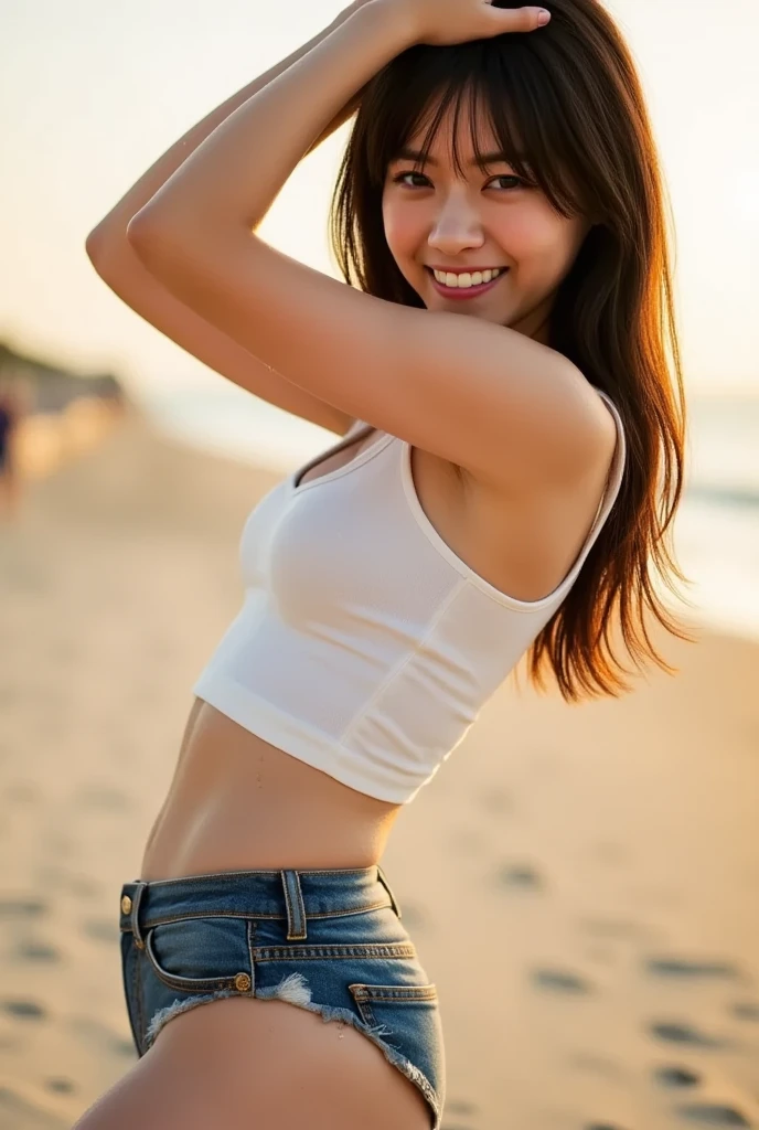 Blurred cityscape, summer、 Black Hair, Beautiful Filipina Women、summerらしく, short,Masterpiece、smile