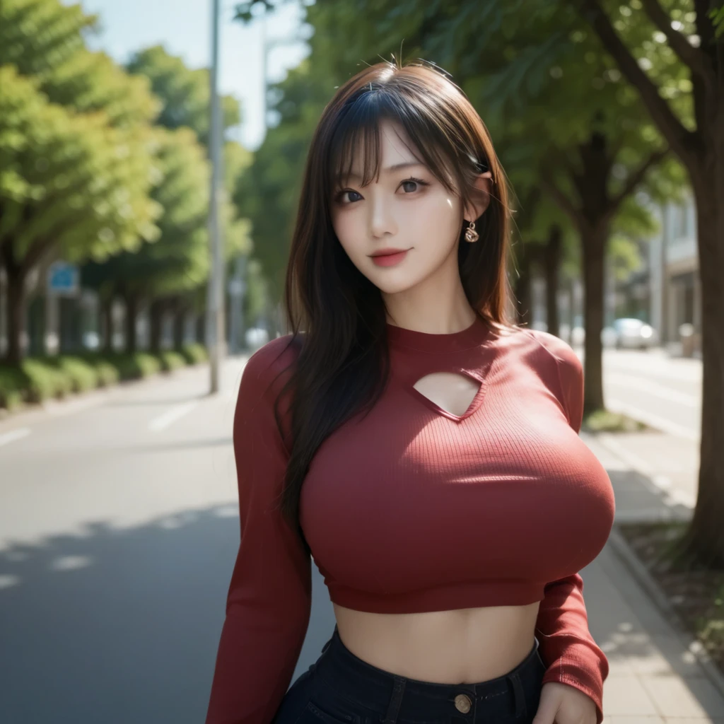 (Extremely detailed, parking lot, filigree, , plumw, Bigchest, huge tit,No milk, M cup, Raised sexy,1 woman in a red turtleneck dress, ,Take off your skirt:1.5,(The reveal panties),Refined face, largeaperture,full bodyesbian:1.5 Close-up of people,sface focus