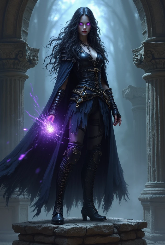 a masterwork picture of a sorceress casting a spell in magical library, exquisite beautiful woman, dynamic hair color, dynamic hair style, ((full body shot: 1.5)), ((anatomically correct: 1.5)), (ultra detailed face: 1.2), best detailed face, high details, best quality, 16k, (long black dress: 1.2), (white cloak: 1.3), high heeled boots (ultra details, Masterpiece, best quality) masterpiece, best quality, (extremely detailed), full body, ultra wide shot, (ultra details, Masterpiece, best quality), fantasy art, dnd art,fantasy art, realistic art, (ultra details, Masterpiece, best quality), (ultra details, Masterpiece, best quality), NecromancyAI, Hyperrealism style, rpg portrait photograph