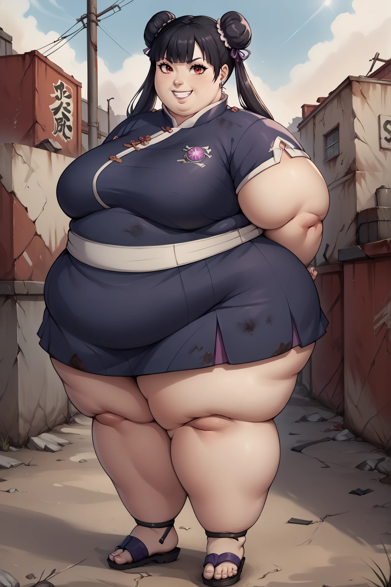 score_9, score_8_up, score_7_up, score_6_up, score_5_up, score_4_up, BREAK, source_anime,
1girl, black hair, blunt bangs, double bun, long hair, red eyes, twin tails, breasts
purple cheongsam, sandals, SSBBW, fat, 500 lbs.,
hands behind back, smile, full body, looking at viewer, solo, outdoors, wasteland