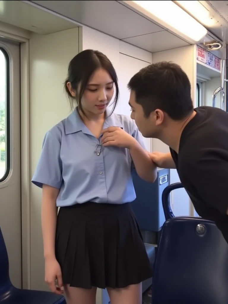 (masutepiece, Best Quality:1.4), Beautiful face, AKB48,Nogizaka46,8K, ,girl with, A Man, The girl is an 18-year-old student, Man is a 30-year-old office worker, On the train, Sitting side by side, Man showing erection , Female is touched by a man,1girl in, 1boy, Sitting, (hand job:1.5), a couple,Man is naked,(Yor:1.3),(Smile:1.2),(facials:1.5),(cum on facial:1.5),(Ejaculate on hand:1.5),(full-face blush:1.3),