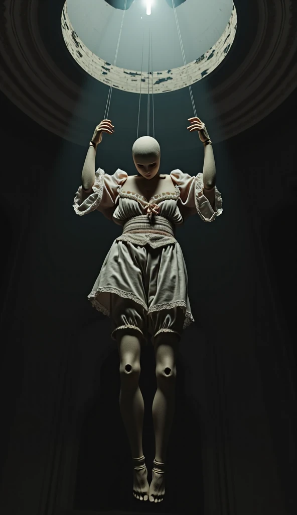 Arafed woman bound with rope and mask, intertwined whole body view, whole body; Front view, whole body close-up shot, With wires and bandages, shibari, ((Suppressed)), whole body wide shot, Rope Bondage, slave, Tied to a chair, Wrapped in leather straps, whole body in view, whole body picture