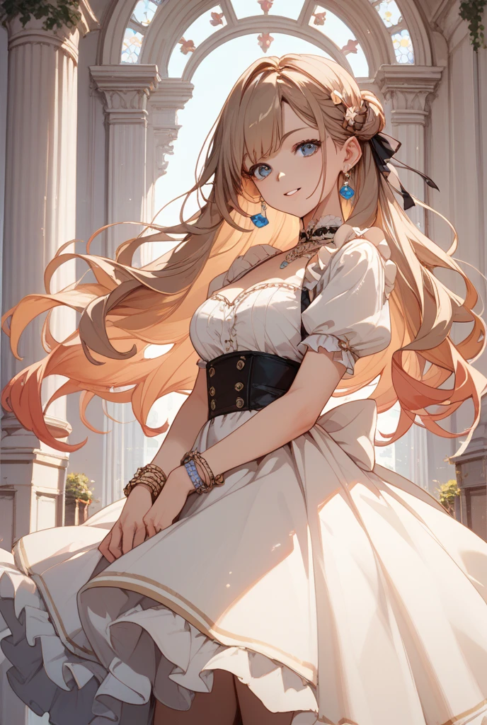 (Best quality)), ((masterpiece)), (detailed), 
1 girl, very hot physique, long light hair, neat facial features, white off-shoulder blouse, short white tennis skirt, and high white stockings, she doesn&#39;t wear shoes, she has big hot breasts, who pops out of her blouse, pulling it on.She is sitting on the bed and has a shocked expression on her face.. 