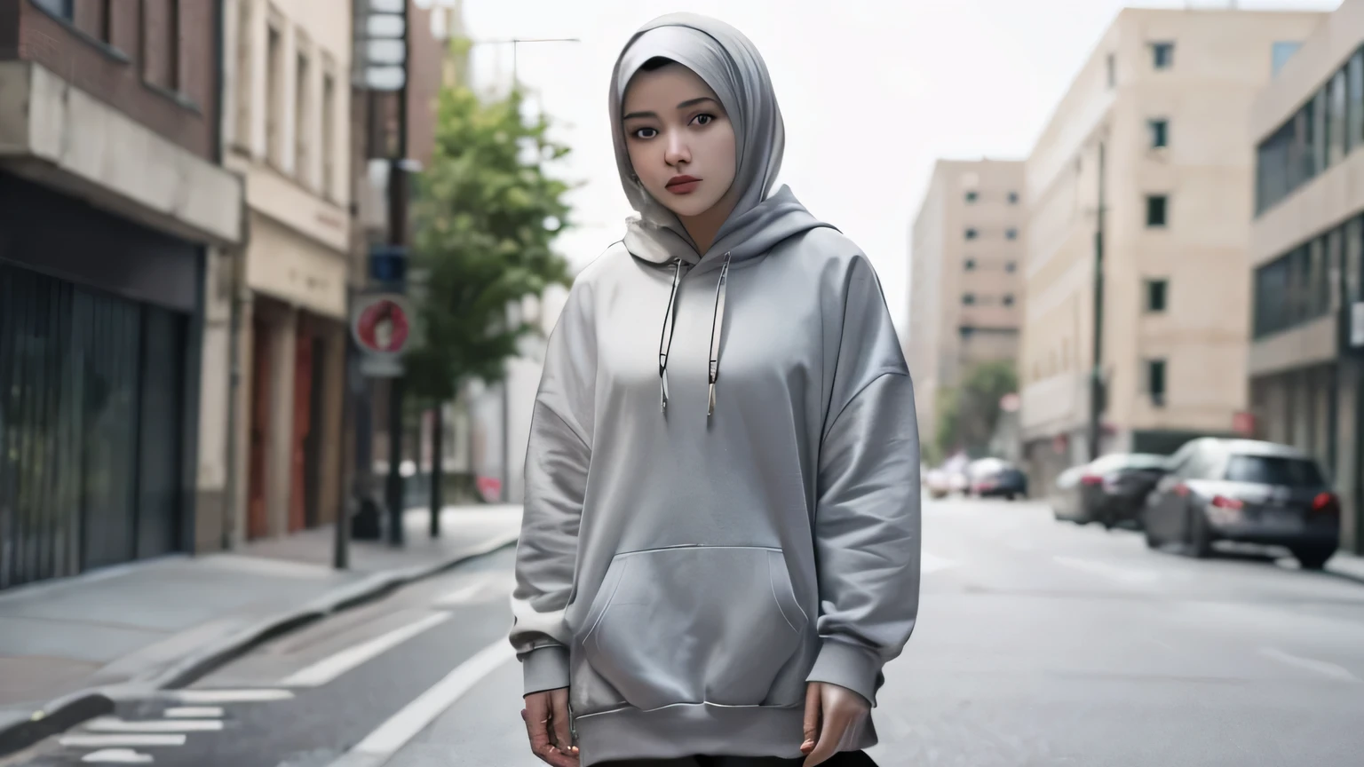 masterpiece, baby face, Beautiful Young girl Aged 18, gray hijab girl, full body portrait, (((gray oversize Hoodie))), headphone, high quality, ((detailed facial)), delicate skin, ((sad expression)), serene gaze, soft flowing hijab, moody posture, walking alone on empty street, intricate hijab details, dramatic to dark lighting, photorealistic, vibrant colors, quite an empty street scenery, moody atmosphere, Lo-fi cinematic, digital painting