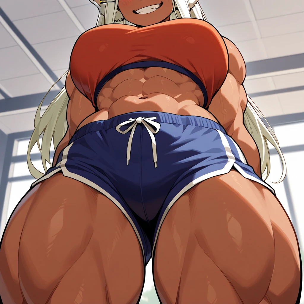 Big Breasts,Abdominal muscles,Voluptuous Body,Oily, shiny skin,Groin pain,Dark brown skin,White Hair,Shaving,Eye patch,White Bikini,Touching the groin,crotch pain,Shaking with wide legs,Disgraceful,foot,Long Hair