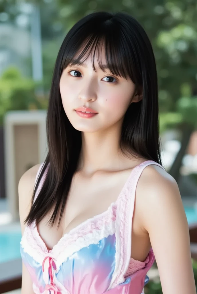 (8k), (highest quality: 1.2), (Realistic), (Realistic: 1.37), Ultra-high resolution, 1 girl, Head to knee photo、cute, smile, Mouth closed, Beautiful details, Beautiful Nose, whole body, Wet Hair, Giant Dulcefo, pork, , (Large Breasts)、Saggy breasts、Soft Breasts、Voluptuous thighs、Odd Eye、Heterochromia iridis