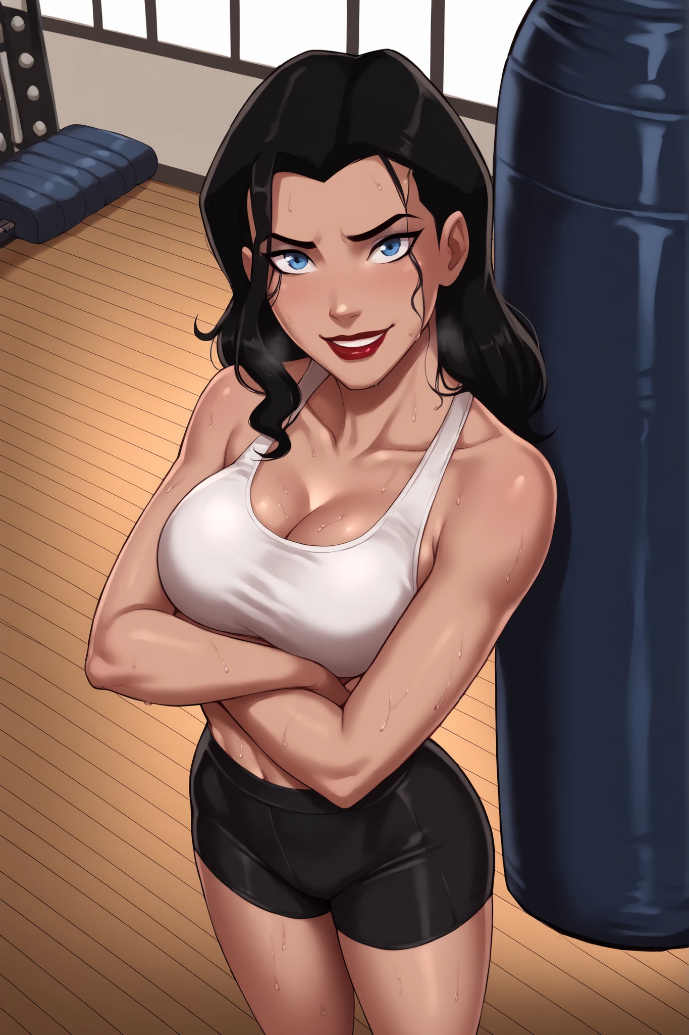 safe_pos, PonyXLV6_Scores BREAK ((parody style, parody), perfect anatomy, perfect eyes, cowboy shot), BREAK zatanna, black hair, blue eyes, dark red lipstick, makeup, ((looking at viewer)), curvy, athletic, large breasts, standing, indoors, smile, happy expression, white racerback sports bra, black spandex shorts, gym, punching bag, arms crossed, crossed arms, high-angle view, sweaty, sweat drops 