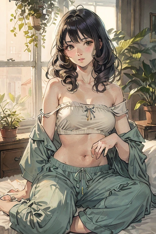 (photorealism:1.2), beautiful woman, sitting on bed, wearing loose off-shoulder top, pajama pants, long curly hair, indoors, soft lighting, plants in background, window with sunlight, cozy room, relaxed pose, realistic, intricate details, warm colors, by Greg Rutkowski, by Alphonse Mucha