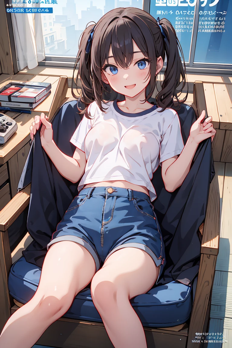 (masterpiece, highest quality:1.2), {best quality}, {very aesthetic}, {ultra-detailed}, {best illustration}, nsfw, ,One girl, Legs Crossed Sitting Bob Cut, Bluish black hair、White sleeveless tank top,Blue Denim Shorts,Inside the house,