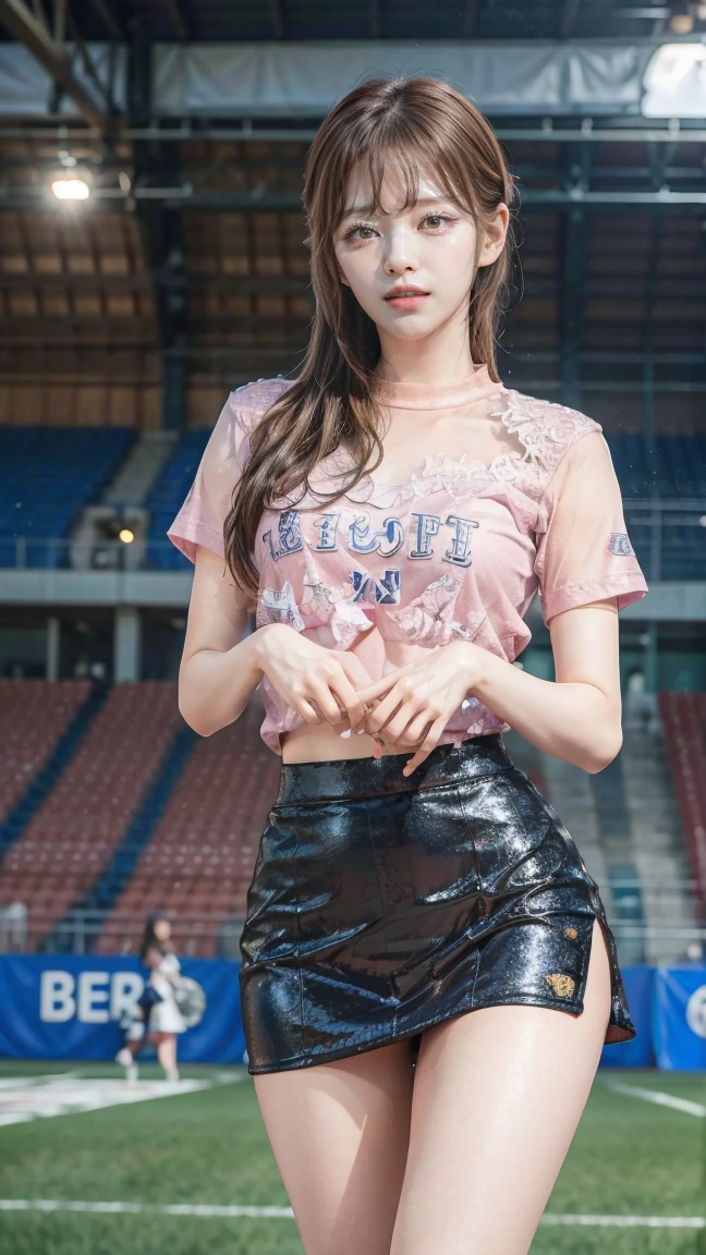 cute girl much lighter skin that brown skin brown eyes pink hair short hair curly hair black skirt black t-shirt thin waist medium hips fishnet tights