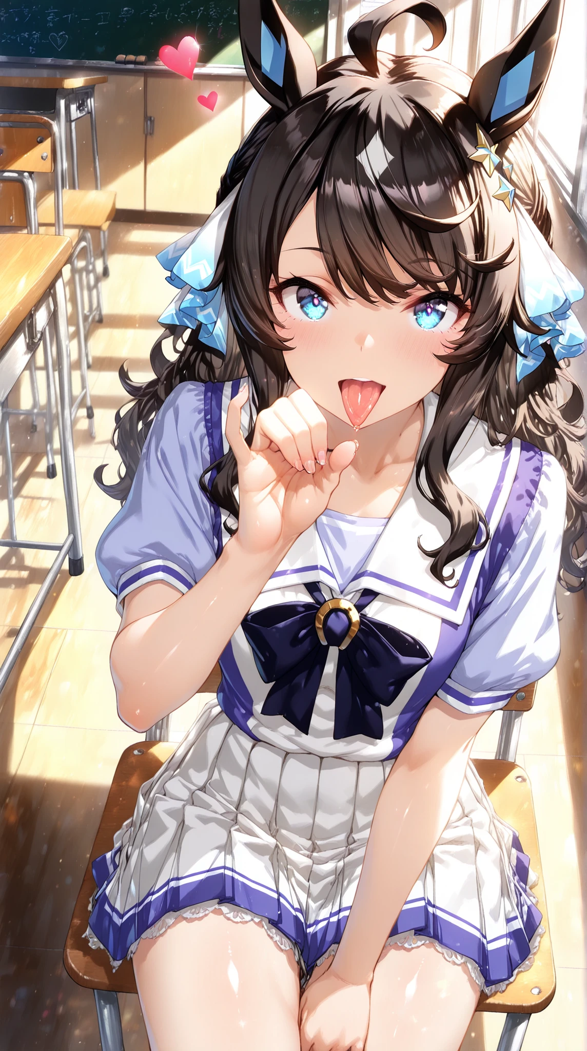 (masterpiece,best quality,score_core_8_ up,score_7_ up),break, nsfw:1.2,(1girl), Sitting in a chair,Cowboy Shot, {daring tact\(umamusume\)} , dynamic pose,fellatio gesture,school uniform, high school udents, (slim:1.2),happy,tongue out,(♡ heart),detailed curves, (low angle shot:1.3), indoor lighting, classroom, , soft rim light, cinematic shading, glossy skin, detailed backgroundoutultra-detailed eyes,shiny skin, masterpiece, best quality, amazing quality, very aesthetic, super detailed, perfect anatomy,extremely detailed,from above,