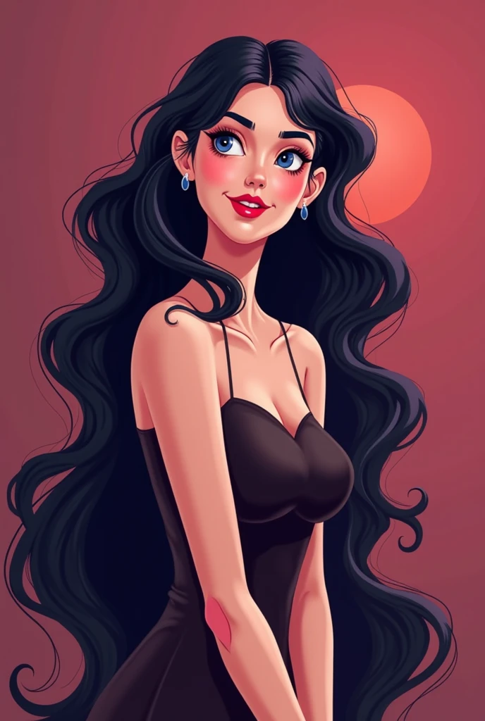 A woman who looks like Marceline from Adventure Time but without the pointy teeth and white skin, cartoon version.