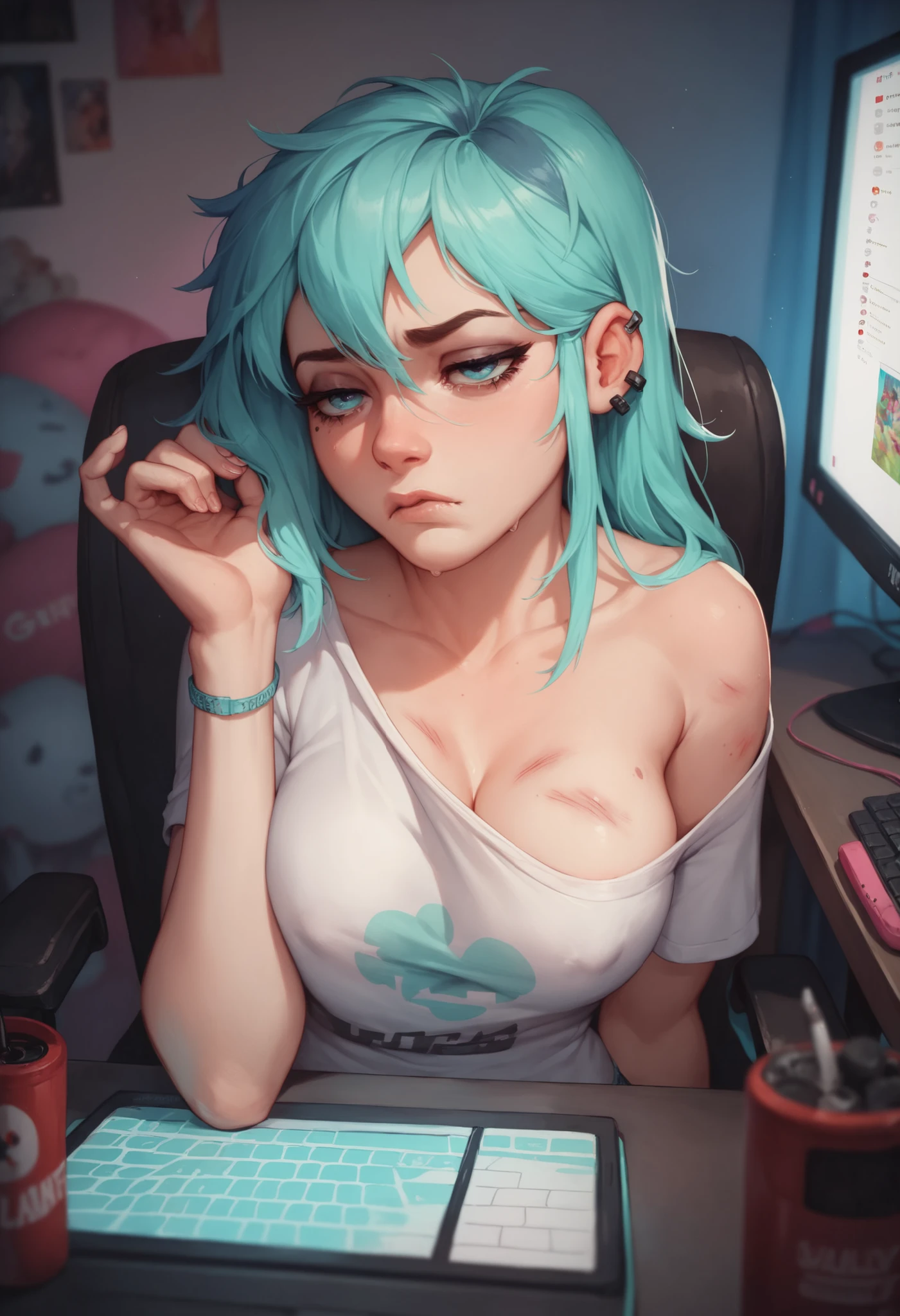 (Masterpiece), Best Quality, expressive eyes, a perfect face, Lustful girl, young girl, Naked, Absolytely Naked, Totalle Naked, in a cosy room, Computer light, Computer at the table, RGB lighting, night time, gamer, gamer Girls, Placements, Placements At The Chair, People Views