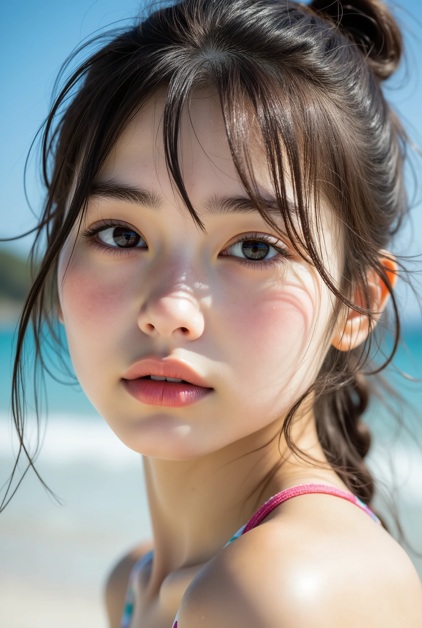 1. 18 year old girl 、braided hair big head、blue eyes are detailed expressive、perfect beautiful face。reflecting the gentle light of a cle、Related。Sweaty Skin in the Summer Heat、She's wearing a light pink lip gloss。She's Wearing a Pale Pink Lip Gloss、Her big lips are half-open、reflecting the gentle light of a cle。long pink nails、LARGE HOOP EARRINGS、her skin is tanned healthy golden、、slingshot swimsuit、 In other words, , , She's Wearing a Very Tiny Bikini。35mm blurry photos 8K high-definition texture、professional dynamic lighting reveals its intricate appeal。