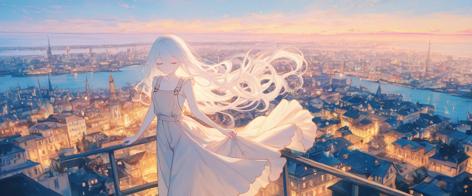  kawaii anime, soft light, sweet girl,solo, ultra wide shot, pastel art, watercolor, crayon art,anime background, italian city , sea side, kawaii anime, cinematic lighting, ultra aesthetic composition, A serene and ethereal panorama of a young woman with delicate, flowing white hair that cascades softly around her shoulders. Her expression is peaceful, with her eyes closed as if lost in a gentle dream. Her pale complexion glows softly in the diffused light, creating a sense of purity and calm. She wears a loose, lacy white garment, adding a touch of elegance and softness to her appearance.  fantasy city of italia , with soft beige and cream tones that blend seamlessly, emphasizing the tranquility and dreamlike quality of the image. The overall atmosphere evokes feelings of quiet introspection and angelic beauty.

