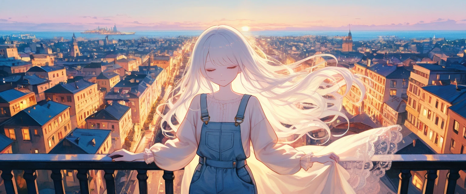  kawaii anime, soft light, sweet girl,solo, ultra wide shot, pastel art, watercolor, crayon art,anime background, italian city , sea side, kawaii anime, cinematic lighting, ultra aesthetic composition, A serene and ethereal panorama of a young woman with delicate, flowing white hair that cascades softly around her shoulders. Her expression is peaceful, with her eyes closed as if lost in a gentle dream. Her pale complexion glows softly in the diffused light, creating a sense of purity and calm. She wears a loose, lacy white garment, adding a touch of elegance and softness to her appearance.  fantasy city of italia , with soft beige and cream tones that blend seamlessly, emphasizing the tranquility and dreamlike quality of the image. The overall atmosphere evokes feelings of quiet introspection and angelic beauty.


