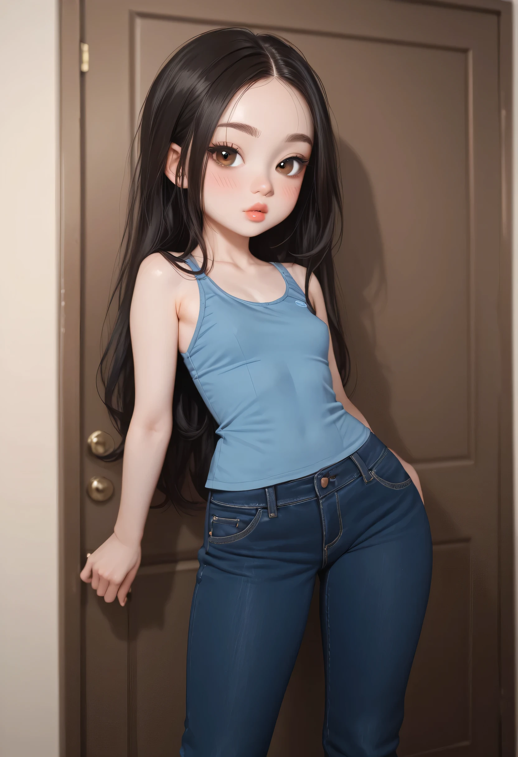 1girl, black hair, bun low hair, (forehead), black thin eyebrows, big brown eyes, black eyeliners, blush, nose, thick lips, beautiful girl, small breasts, blue tank top, blue jeans, ((standing))