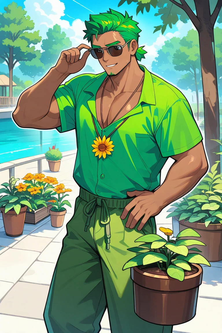 A muscular man with blue eyes and long white hair in swim trunks is  smiling with a bouquet of tropical flowers at the beach