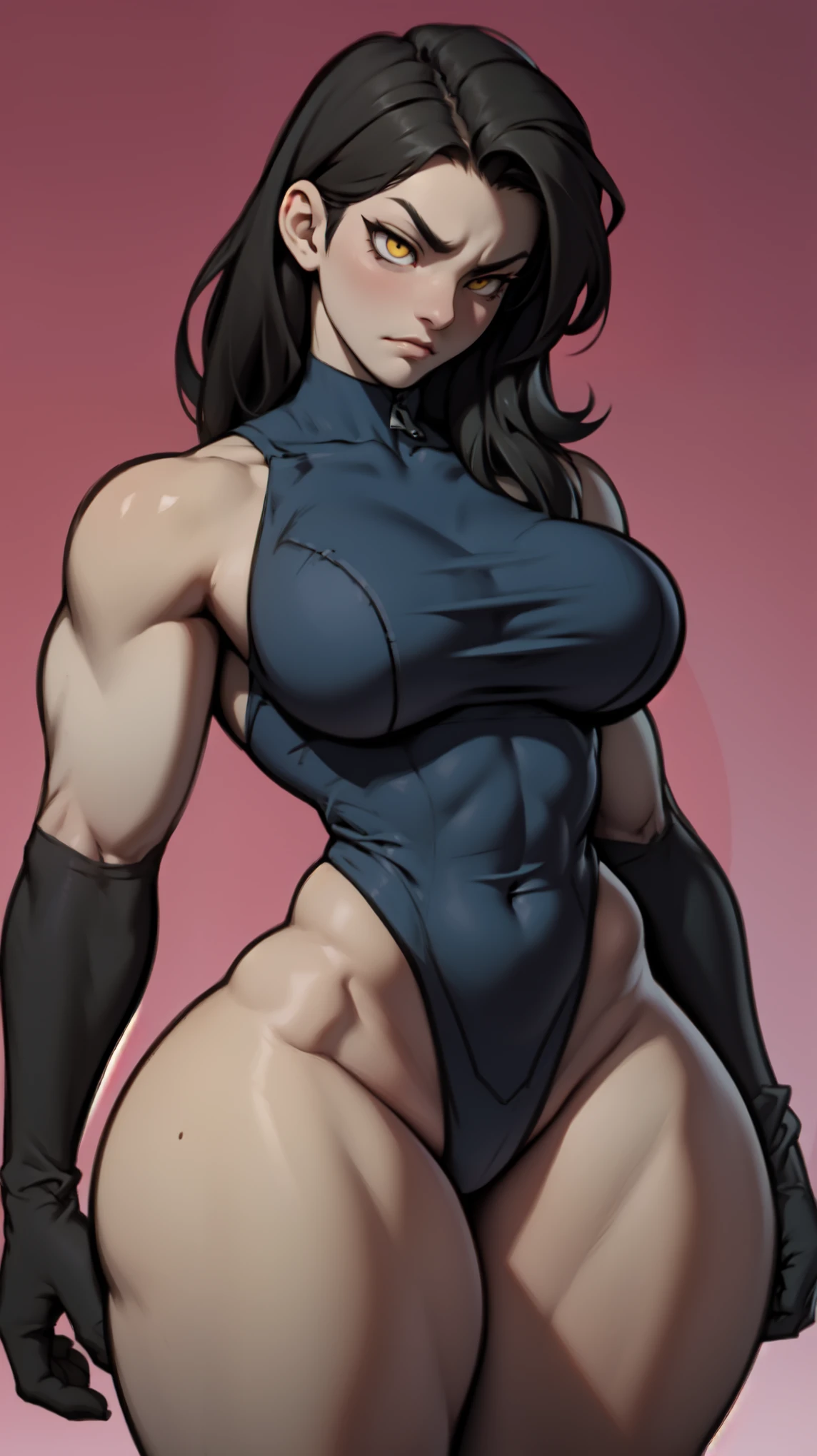 ((1girl)) (huge breasts) pale skin (muscular) toned body thick thighs black hair yellow eyes (long hair grey background) bodybuilder sad long sleeve leotard