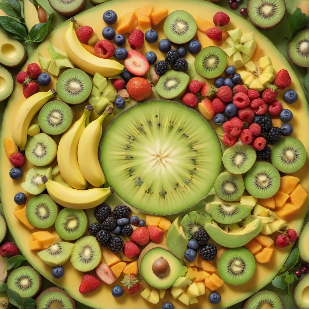 Encontre uma mulher com um requintado conjunto inspirado em kiwi, vagando por um exuberante vinhedo de kiwi. Os tons de verde e marrom do kiwi harmonizam-se com as vinhas circundantes, Creating a setting of natural beauty.