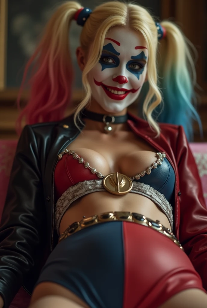((Arlequina de "Birds of Prey - Harley Quinn and her Fantabulous Emancipation")), inspirada em Margot Robbie, auto retrato hiper-realista, 8k UHD, DSLR, grain of film, pintura fotorrealista Fujifilm XT3 arte midjourney, (NSFW:1.4)(pelos pubianos:1.2),