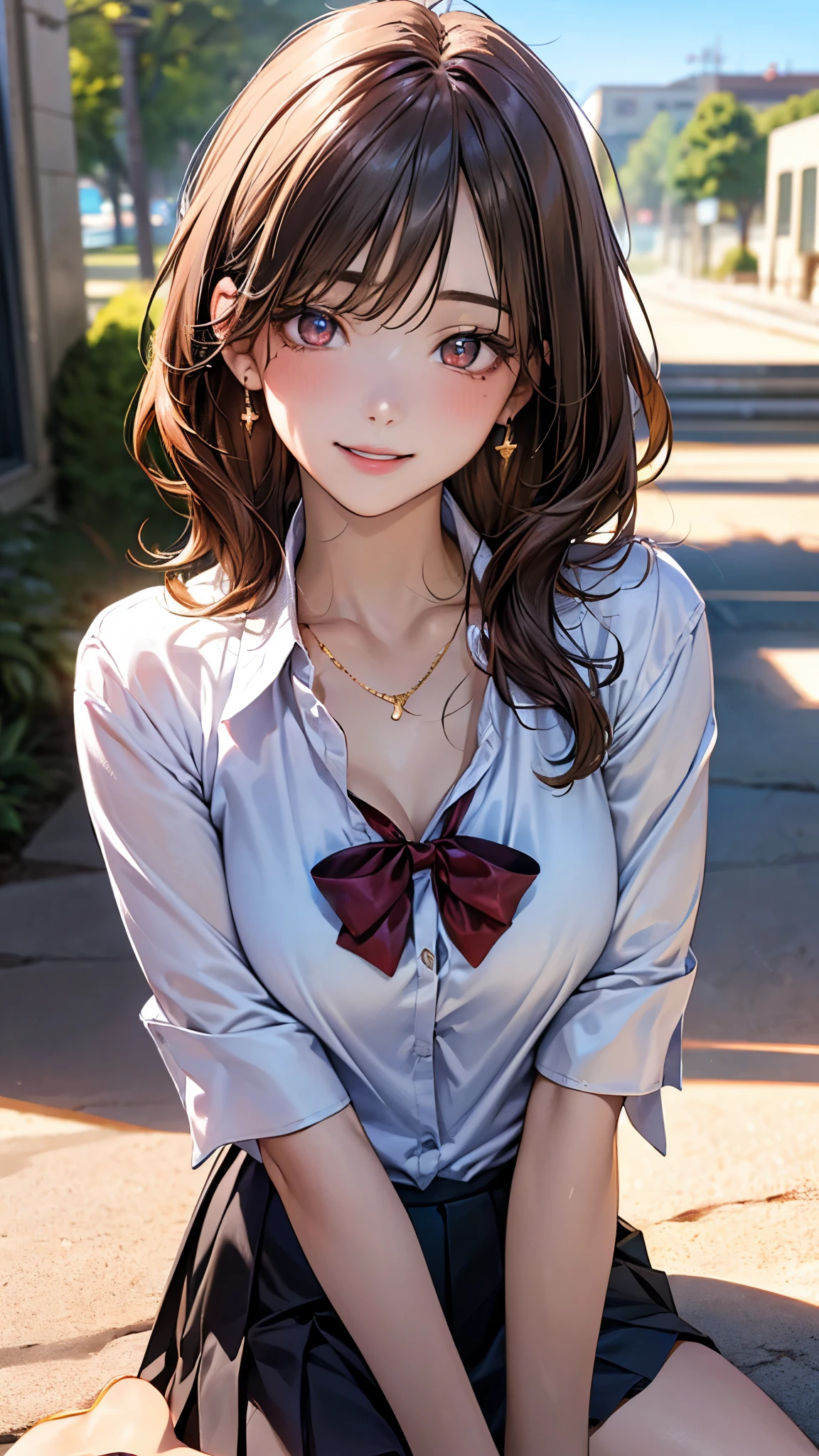 (masterpiece:1.2, highest quality), (realistic, photorealistic:1.4), beautiful illustrations, (natural side lighting, movie lighting), 
looking at the viewer, face focus, Upper body, 1 female, Japanese, perfect face, perfect body, Cute symmetrical face, shiny skin, baby face, medium breasts:1.4
((medium hair:1.4, light brown hair)), hair between eyes, emerald green eyes, seductive thighs, thin, 
beautiful hair, beautiful face, thin and beautiful eyes, beautiful clavicle, beautiful body, beautiful breasts, beautiful thighs, beautiful feet, beautiful fingers, 
(((ascot shirt:1.3), black tight skirt)), 
(beautiful scenery), evening, (office), Are standing, (cute smile, Upper grade),