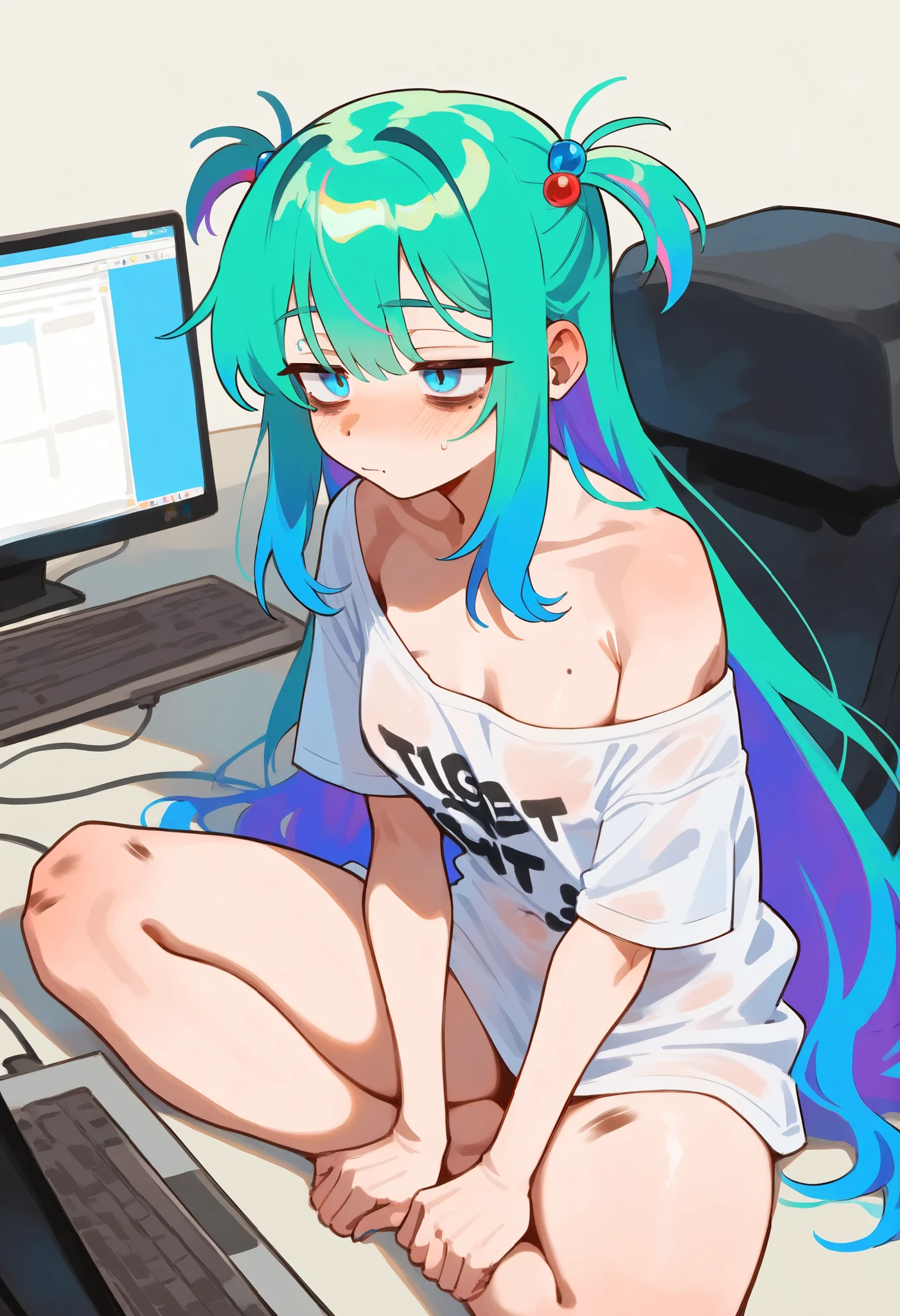 Gamer girl. on the computer, mint-colored hair. tired look, bruises under the eyes, big t-shirt, the t-shirt falls off the shoulder, revealing the chest