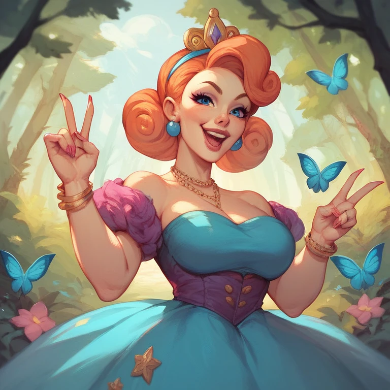 Baroness, brown hair, skinny, green eyes, white elbow gloves, ice cream cone hat, red striped dress. cleavage, thighhighs, long skirt, looking at viewer, smiling, happy, blush, standing, outside, field, holding candy cane, blue sky, high quality, masterpiece,  <lora:Baroness_von_bon_bon:.8>