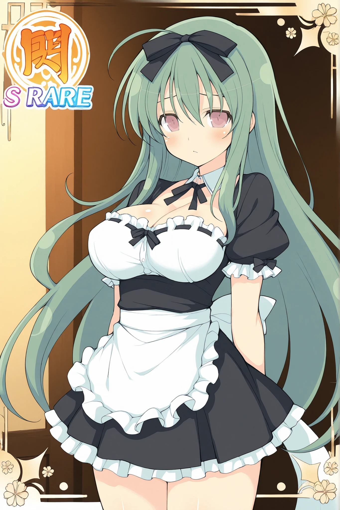 score_9, score_8_up, score_7_up, source_anime, BREAK 1girl, sdrnd, purple eyes, green hair, long hair, bangs, double bun, antenna hair big breasts, blush, open mouth, smile, shy, embarrassed, smile, open mouth, looking to the side, maid, , bathroom, half closed eyes, standing, dress lift, navel, hand on stomach, toilet