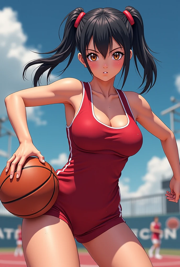 (masterpiece、Highest quality、Highest quality、Official Art、Beautiful and beautiful:1.2)、(One girl:1.3)Hatsune Miku、Twin tails,Beautiful breasts, Katsushika Hokusai,Slam Dunk,Beautiful breasts,basketball,loop shoot