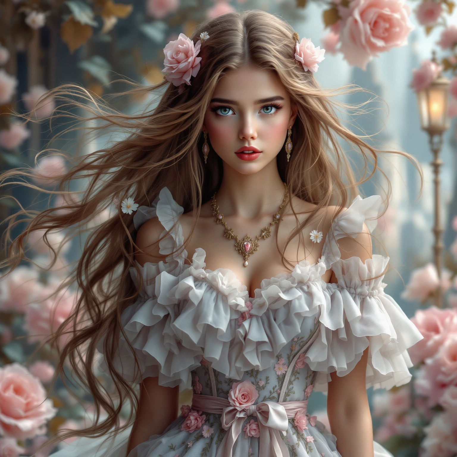 a girly girl, cute girl, 1girl, beautiful detailed eyes, beautiful detailed lips, extremely detailed eyes and face, long eyelashes, long flowing hair, adorable, pink dress, floral patterns, petals, fairy tale, fantasy, ethereal, glowing, golden hour lighting, soft lighting, pastel color palette, dreamy, whimsical, elegant, highly detailed, masterpiece, photorealistic