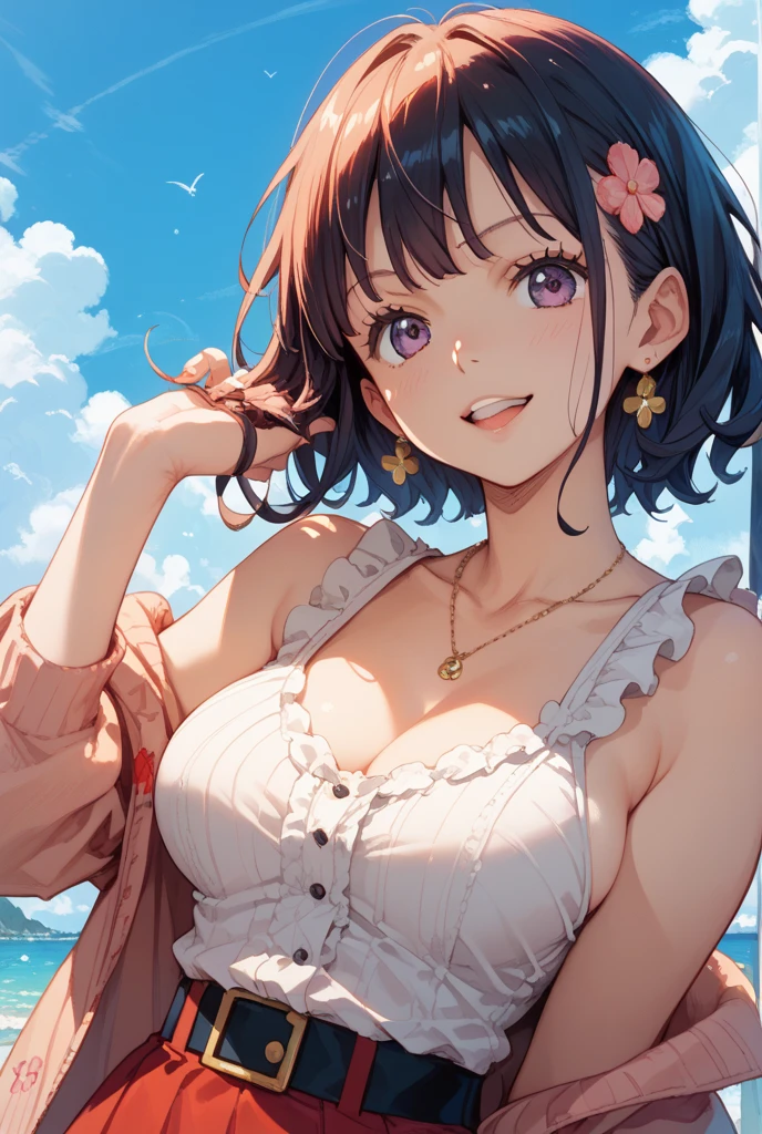 Beautiful and charming woman in fashion trend, Full body: 1.6, Holding flowers, Random hairstyle, Sitting under a parasol, By the sea, tight slip dress random color, wind blowing hair, Blue sky and white clouds, delicate sexy collarbone, Cover chest, charming goose egg face, Double eyelids, Smart peach blossom eyes, Pink lips, small upturned nose, Bare shoulders, Focused face, Face Close-up, Ultra-high definition, Super Detail, ultra-thin translucence, Fresh and good, See-through, Pink、huge-breasted、bbw、thick thight、big butts、Ultramammy