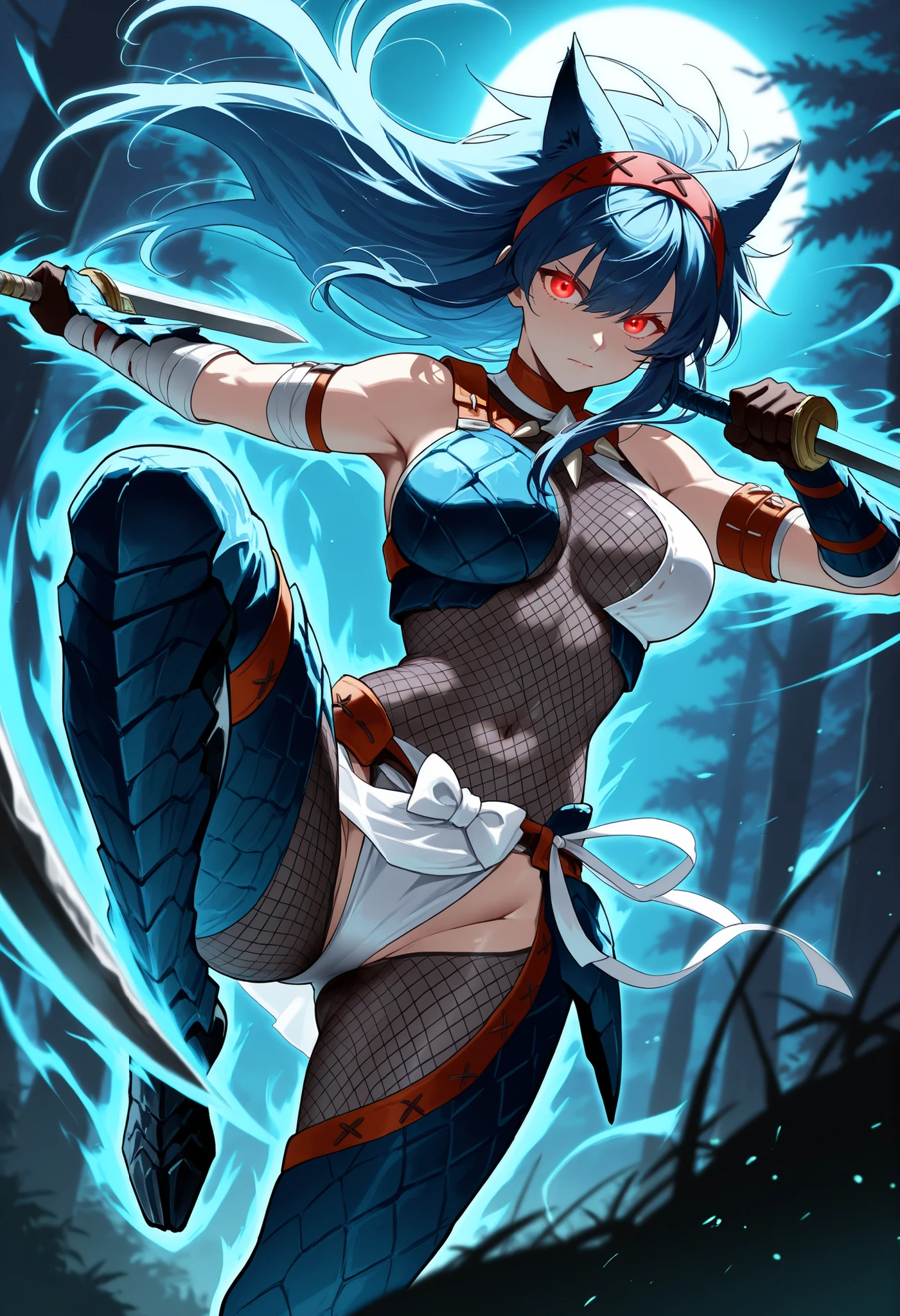 Cyber Shuxian.Girl with a knife.water blue.Water Spirit Root Maiden.in wonderland.heroic look.Holding a Tang knife.whaite hair.Ethereal.Flowing water is the technical sense of the blade body and handle