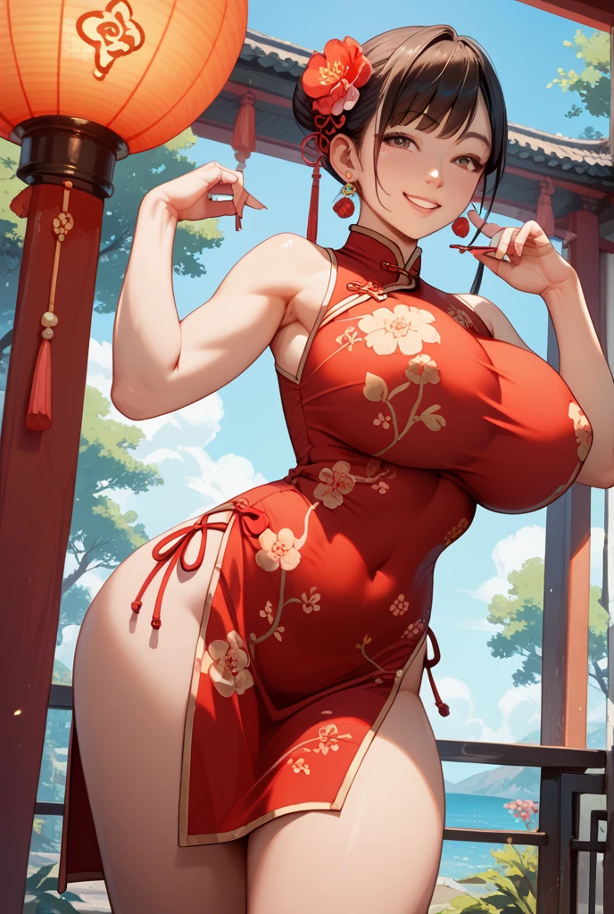 (Unity 16k wallpaper, masterpiece, best quality, ultra-detailed, extremely detailed CG, caustics, cinematic lighting, detailed, beautiful detailed eyes, nsfw: 2.0, 1girl, curby, exact finger copy), Ultra high resolution, fine skin, (cute: 1.2), (15 year old girl), ((chinese clothes: 1.2)), ((fine background writing, saturated and strong light, one leg up: 2.0, outdoors, hands up)), smile,