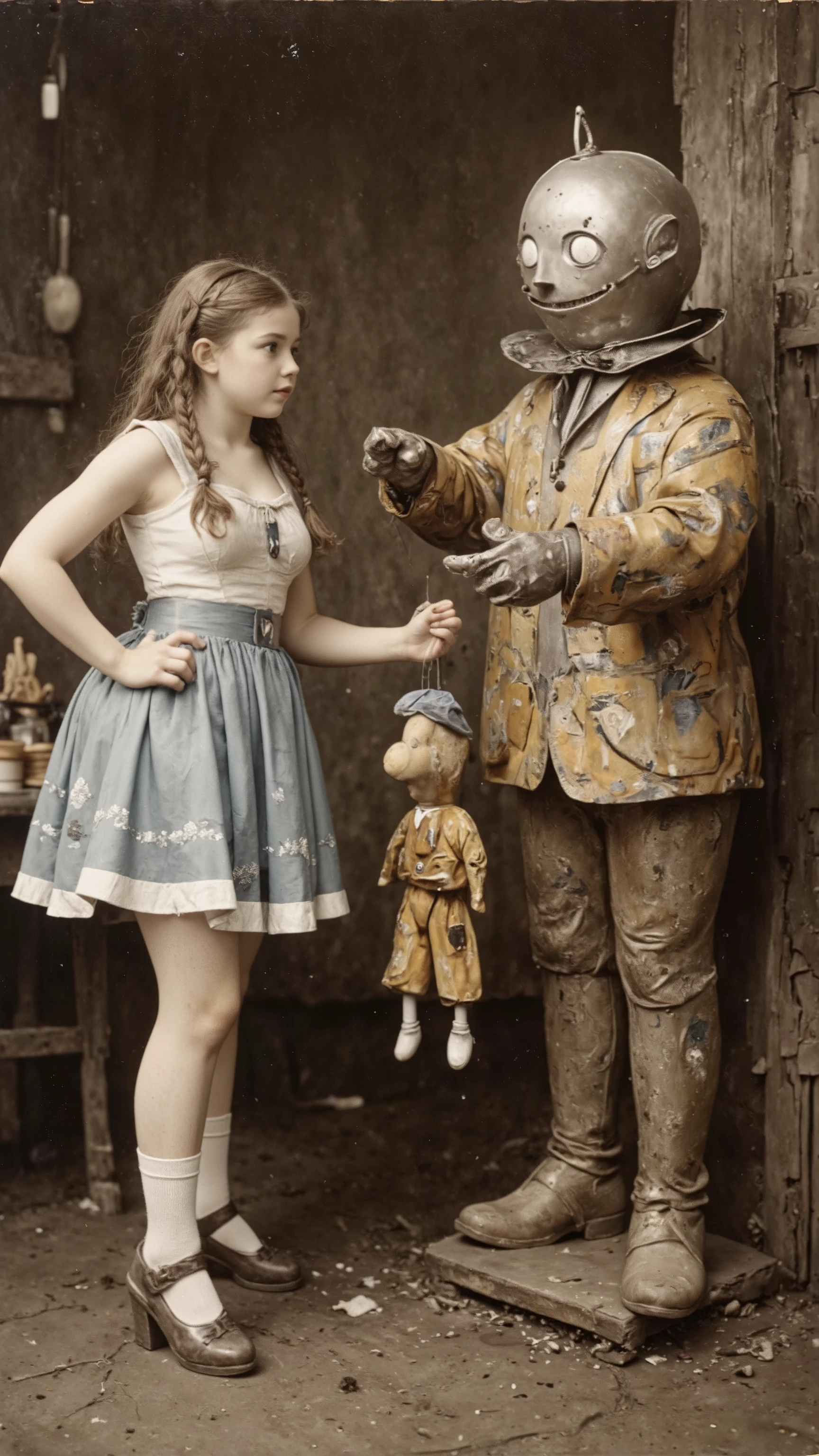 The Tin Woodman became string Ball joints puppet,
antqgldnCE style,
nsfw,
for Adult,
Photorealism,
((A scene from a live-action movie)),
Incredibly detailed,
19th century photo, antique photo, sepia toned photo,
Dorothy and The Tin Woodman's puppet,
Dorothy has her long hair in braids,
Dorothy is wearing only a short, blue and white,
1girl, 1guy,
