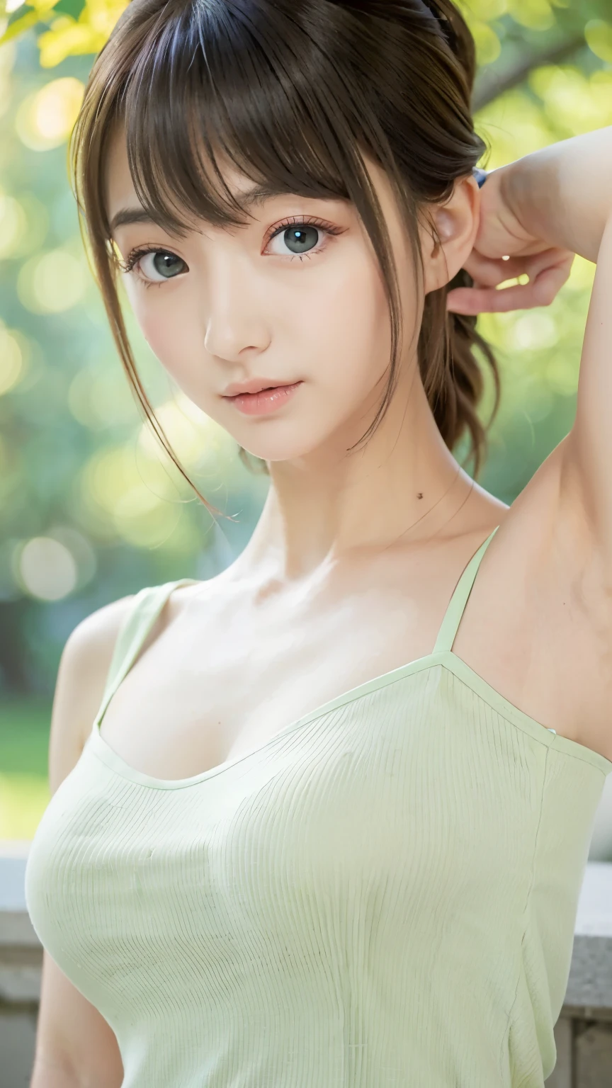 masterpiece,highest quality,1 Girl,delicでed face, bangs, just_arm, just_shoulder, green_eye, clavicle, (high resolution:1.48)、(:1.48)、(Very large breasts and tight clothing:1.48)、(Kids Model:1.48)、(Perfect nipples:1.48)