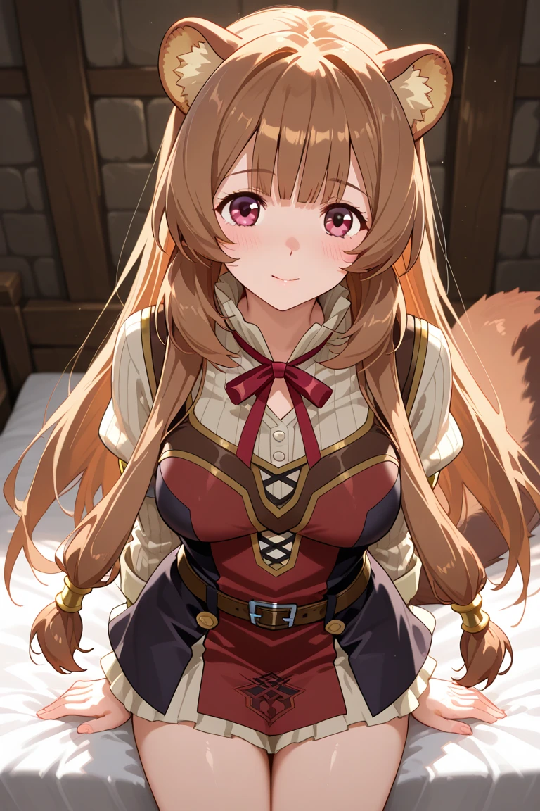 raphtalia, animal ears, brown hair, long hair, raccoon ears, raccoon girl, raccoon tail, (red eyes:1.5), tail, blush, embarassed face, masterpiece, best quality, ultra-detailed, ray tracing, perfect lighting, raph, 1girl, solo, black eyeliner, raphtalia, perfect anatomy, detailed image, natural skin texture, 1Girl, sexy body, delicate eyes, detailed eyes, nsfw, no panties, showing her pussy, pussy cum lustful, perfect pussy, open pussy, thinner waist, wide hips, thick thighs, better lighting.