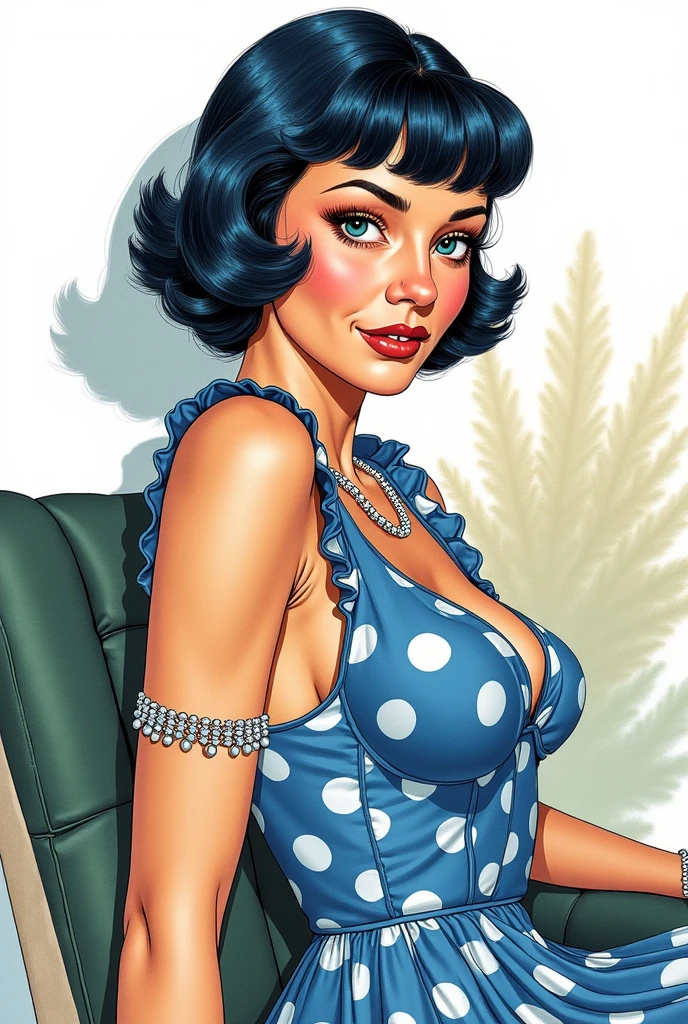 gorgeous woman, vintage pin up, topless, leather jacket, blue-black hair