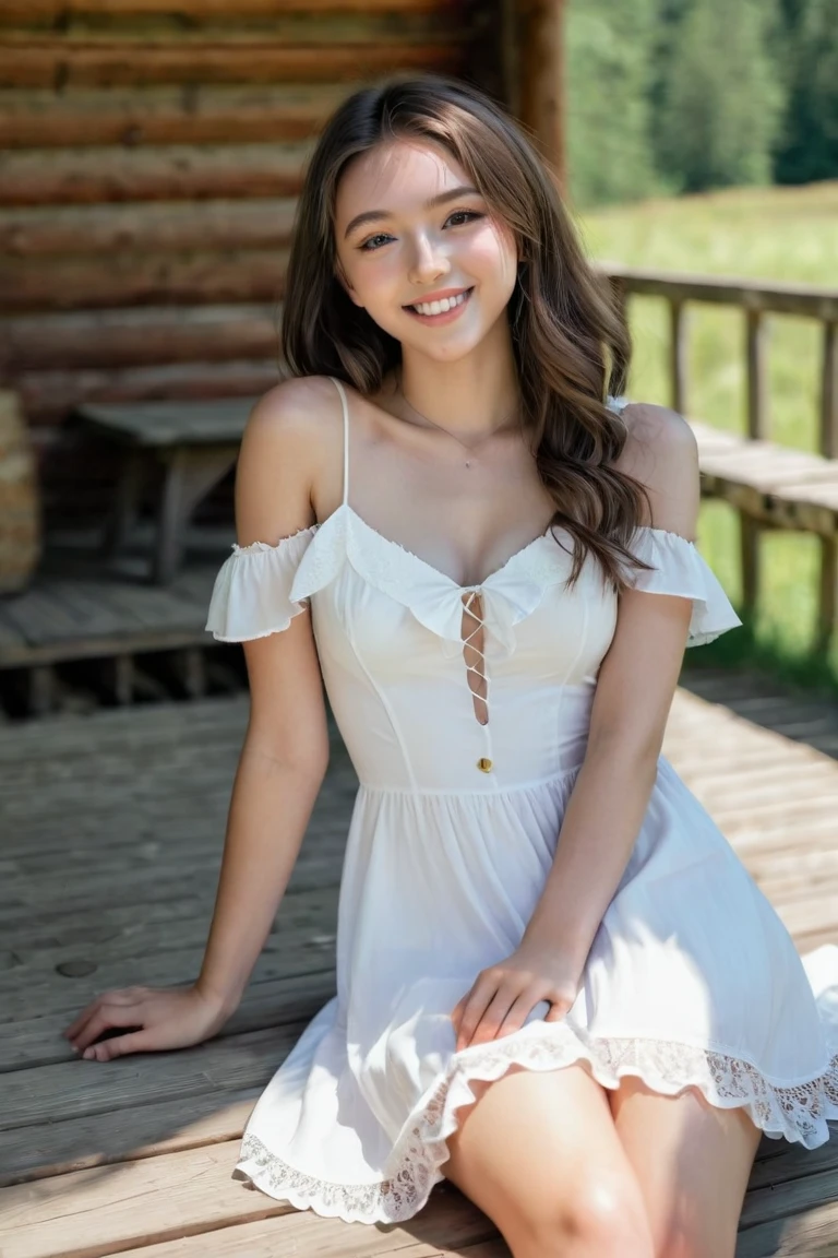 (Masterpiece:1.3), high definition, ultra-detailed, ultra-detailed CG Unity 8k wallpaper, realistic, photorealistic, RAW photo, beautiful detailed face, pale skin, realistic glittering skin, detailed fabric texture, detailed hair texture, perfect body, beautiful face, accurate, anatomically correct, In this picturesque rural scene in Denmark, a 29-year-old model exudes confidence and elegance as she stands in front of a port in Denmark ((Copenhaagen))  Is. With an elegant cap on her head, her long, straight hair falls over her shoulders, highlighting her natural beauty. She stands in front of a holiday home in the green countryside of Denmark ((Copenhagen)), takes a selfie and captures the tranquility of the surroundings with her symmetrical face and hypnotic gray eyes. The model's light brown skin glistens in the warm sun, while her statuesque figure blends harmoniously into the surrounding nature. Dressed in a spring outfit, a black spring dress with scarf, hat and nike shoes, (Red Lippstick), wise teeth, sexy smile, her unique and refined style adds a touch of class to the rural environment of Denmark (Copenhagen). The ultra-realistic quality of the image, shot in 8k HD, highlights every detail of the rural setting and highlights the model's ability to impress with her charisma and style.